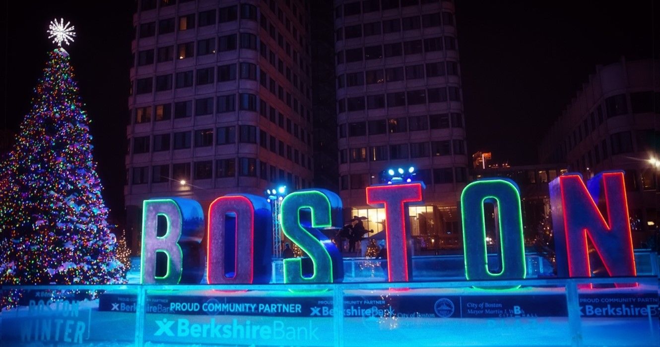 Outdoor skating rink in City Hall Plaza in downtown Boston, Massachusetts during Christmas