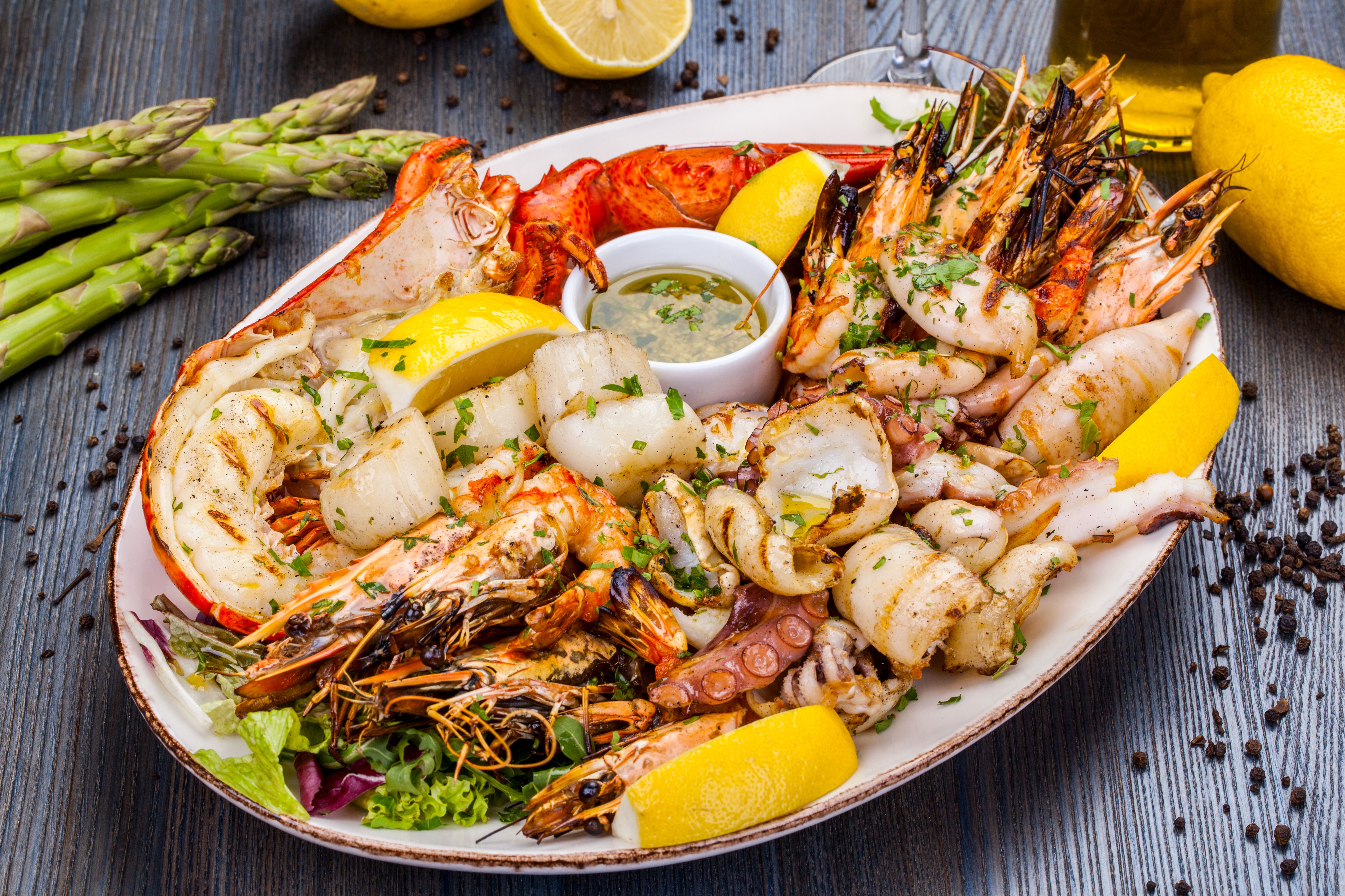 Platter of seafood on table