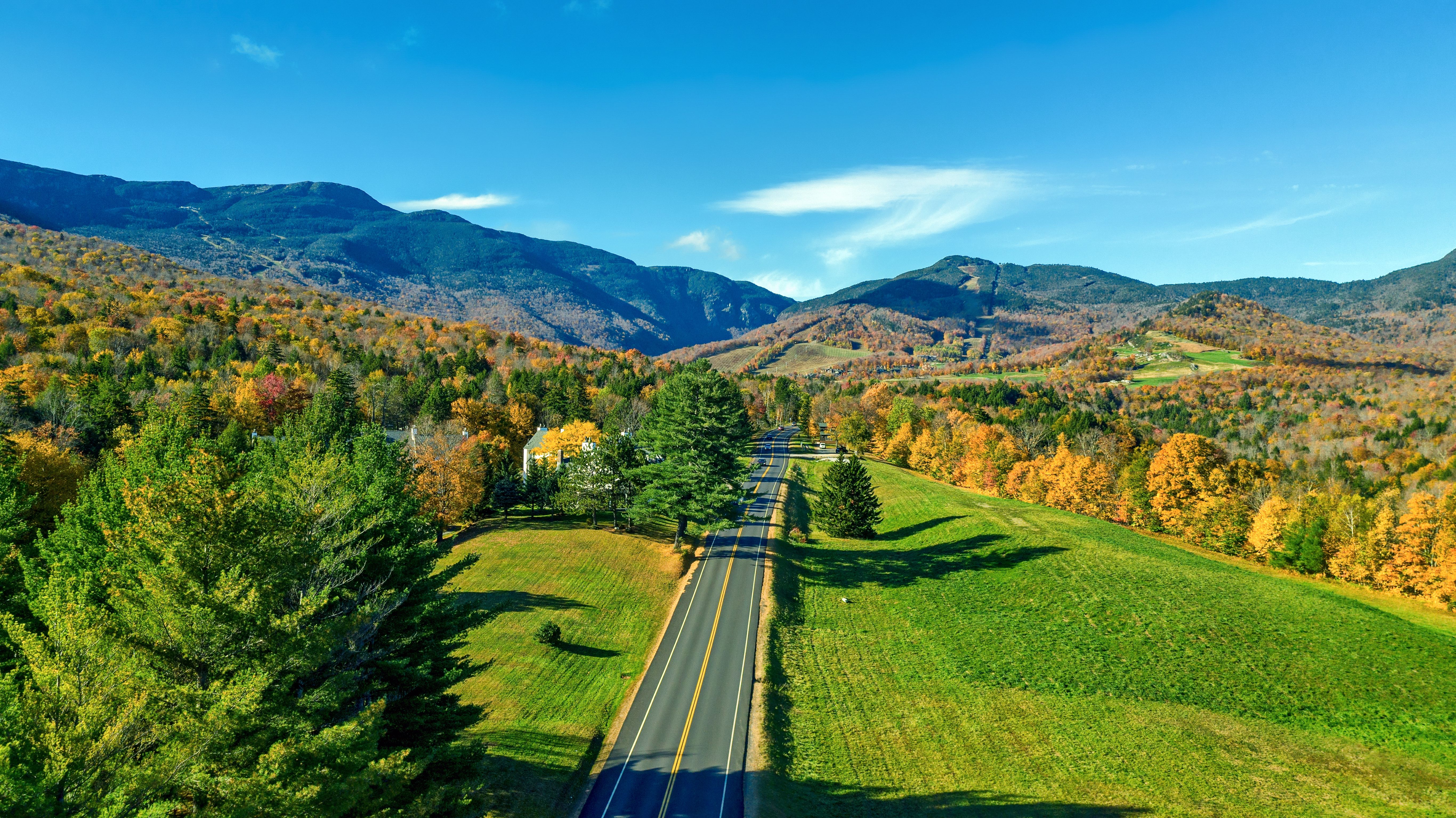 An aerial view of a road around Stowe, Vermont, USA