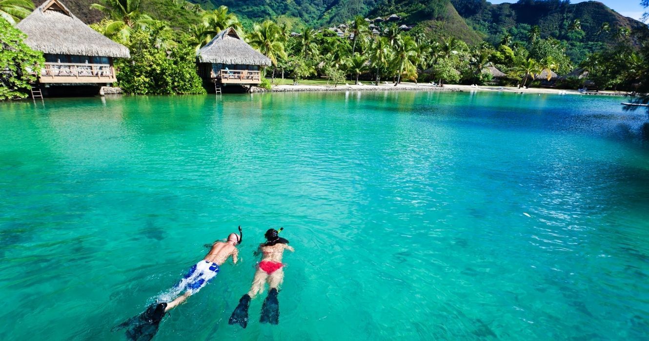 Snorkelers on a honeymoon vacation on an island 