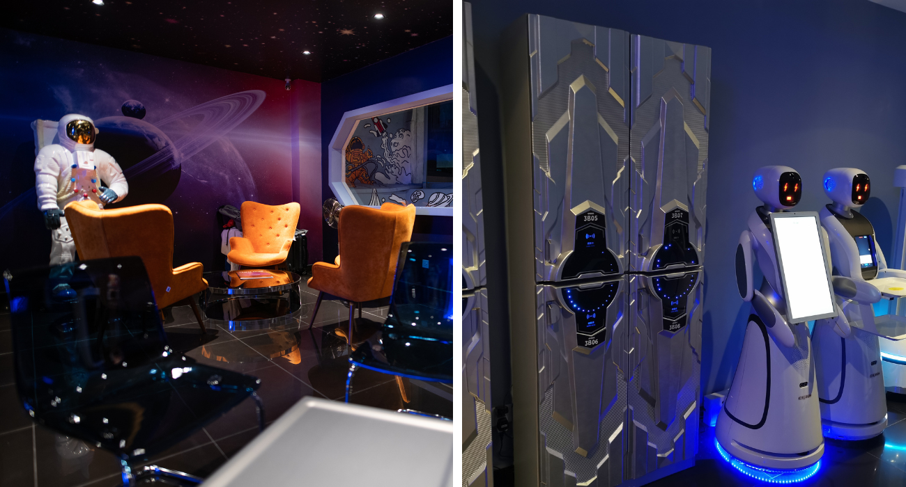 Space Hotel Lounge and Futuristic Robots