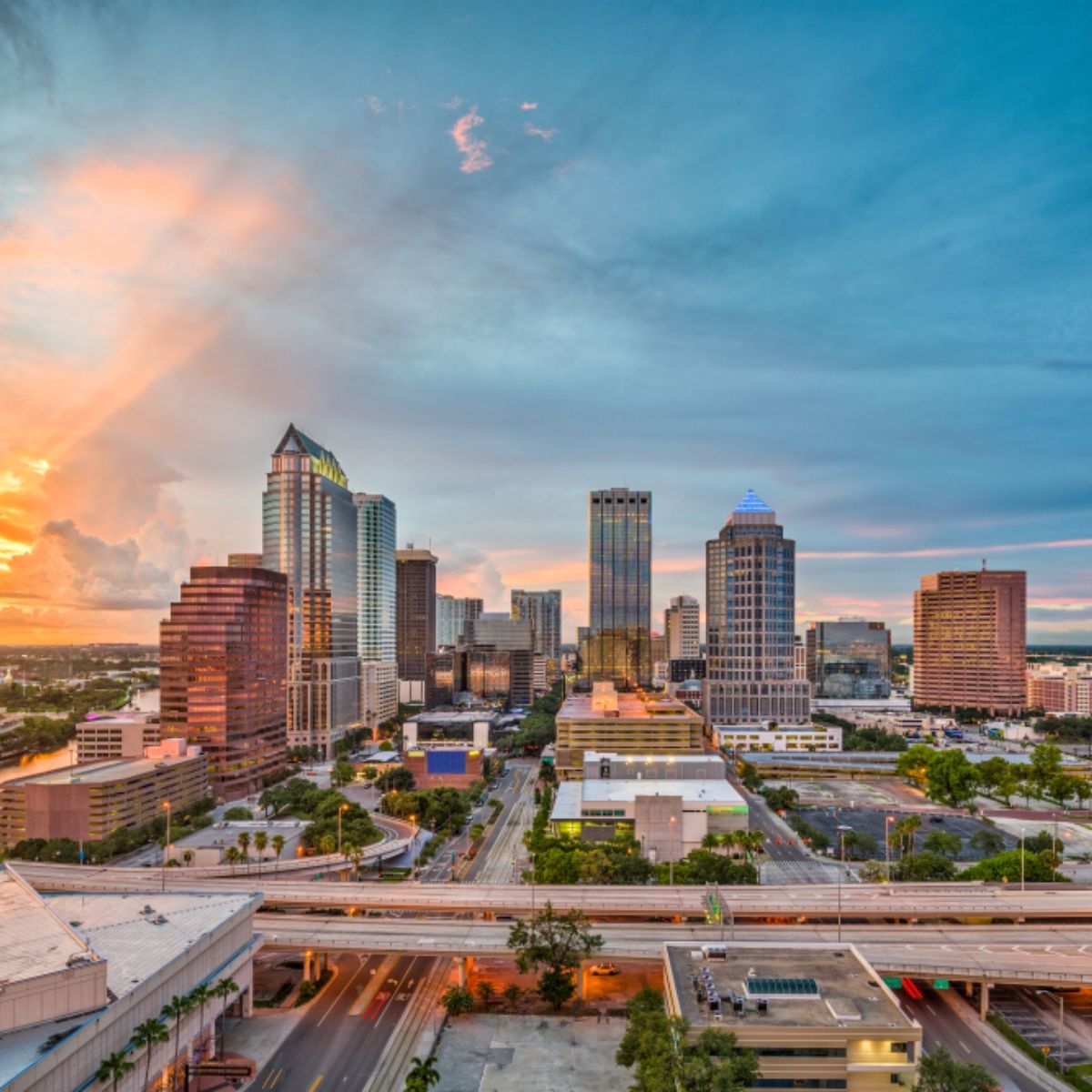 Aerial view of Tampa at sunset