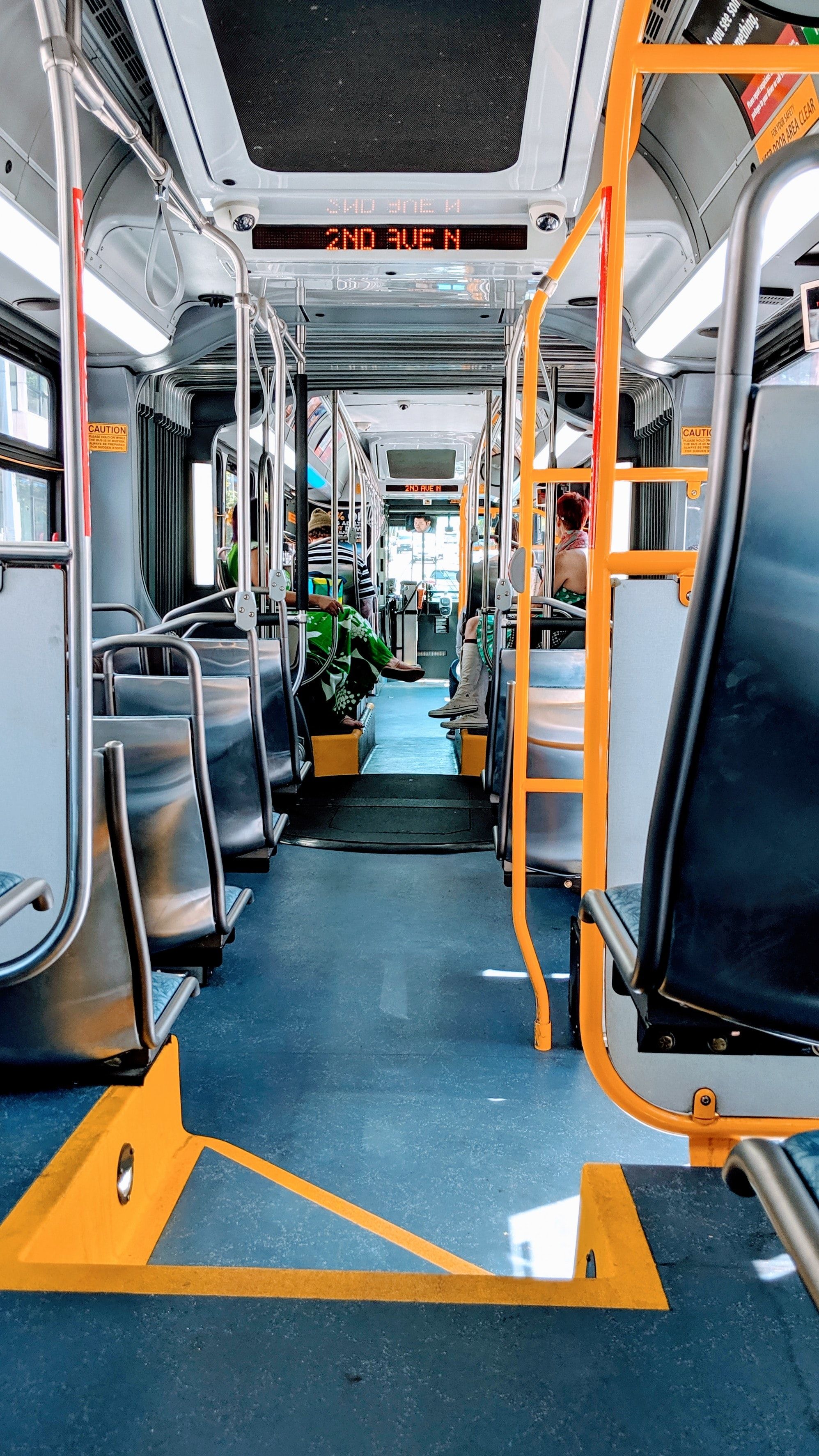 Mostly empty seats on a bus in Seattle 