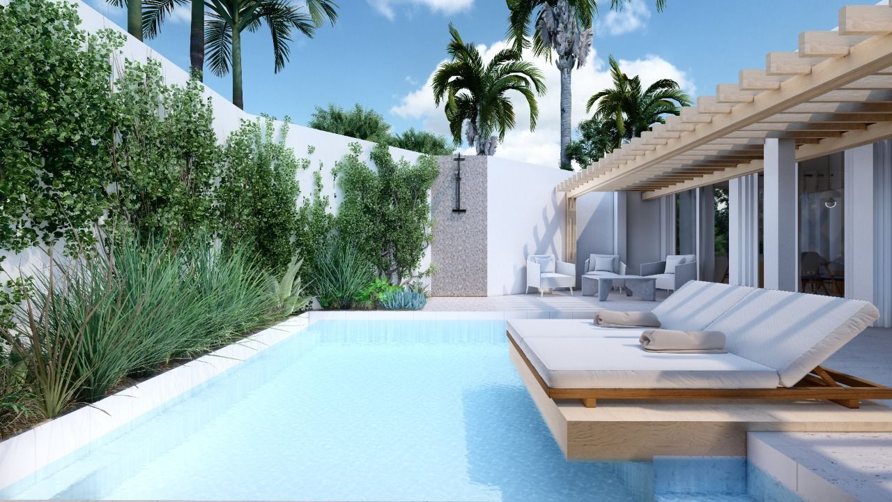 The cabalash hotel's new penthouse suite with a priviate pool, sun loungers, and lush gardens against a palm tree backdrop