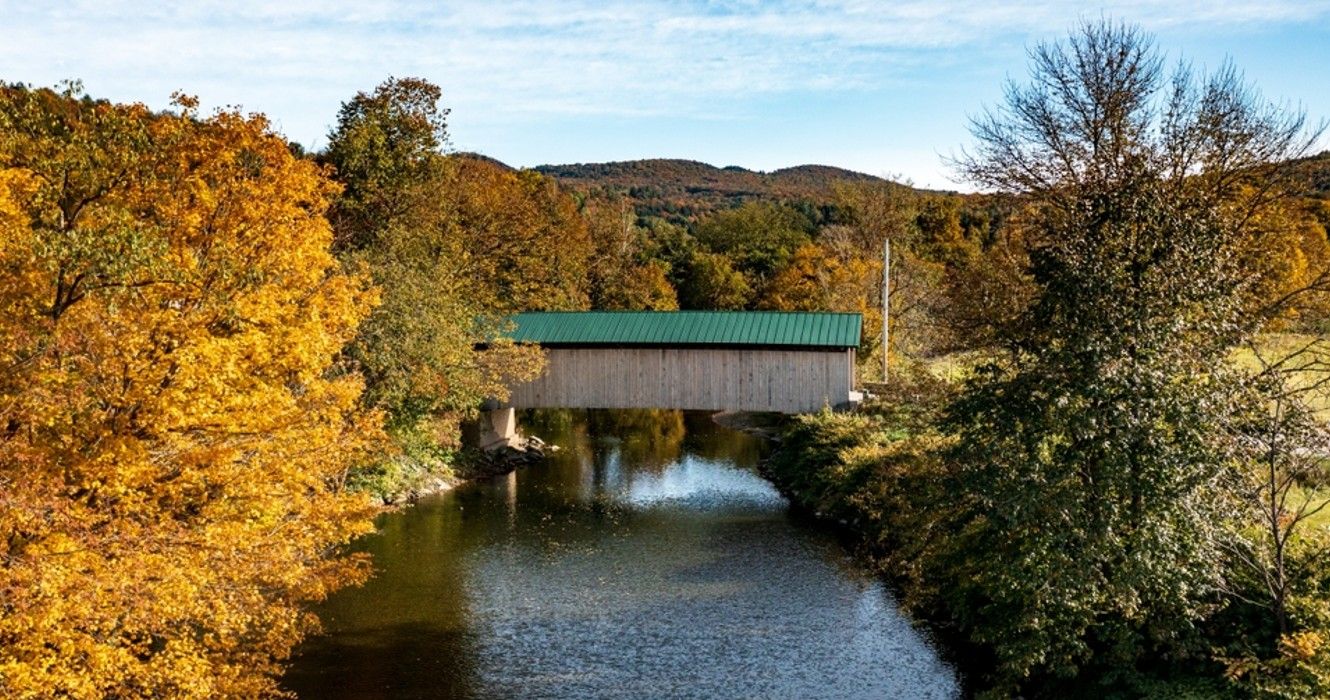 Aerial view of the Longley covered bridge near Montgomery in Vermont during the fall