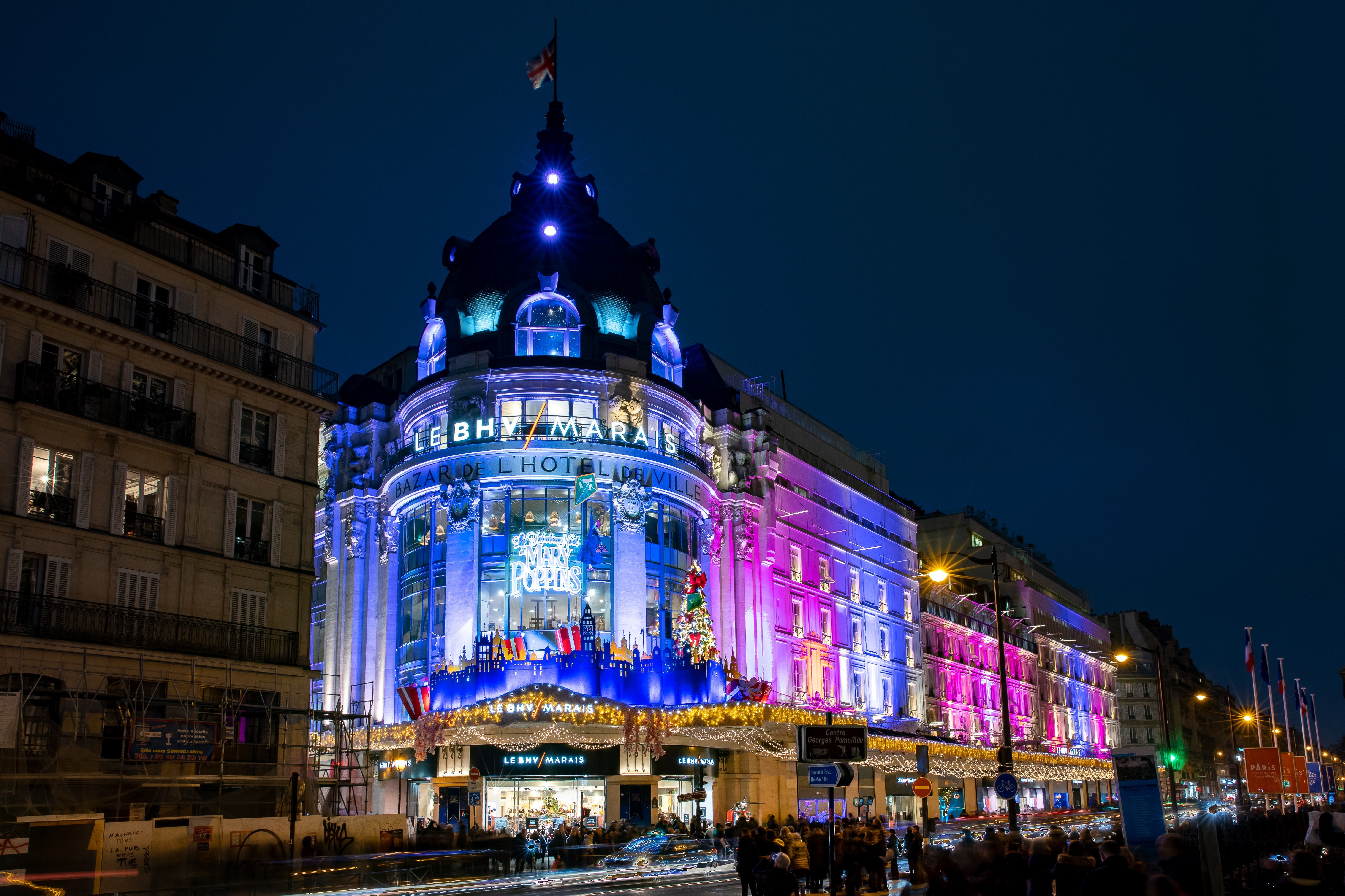 The BHV department store lit up at night in Le Marais in Paris, France
