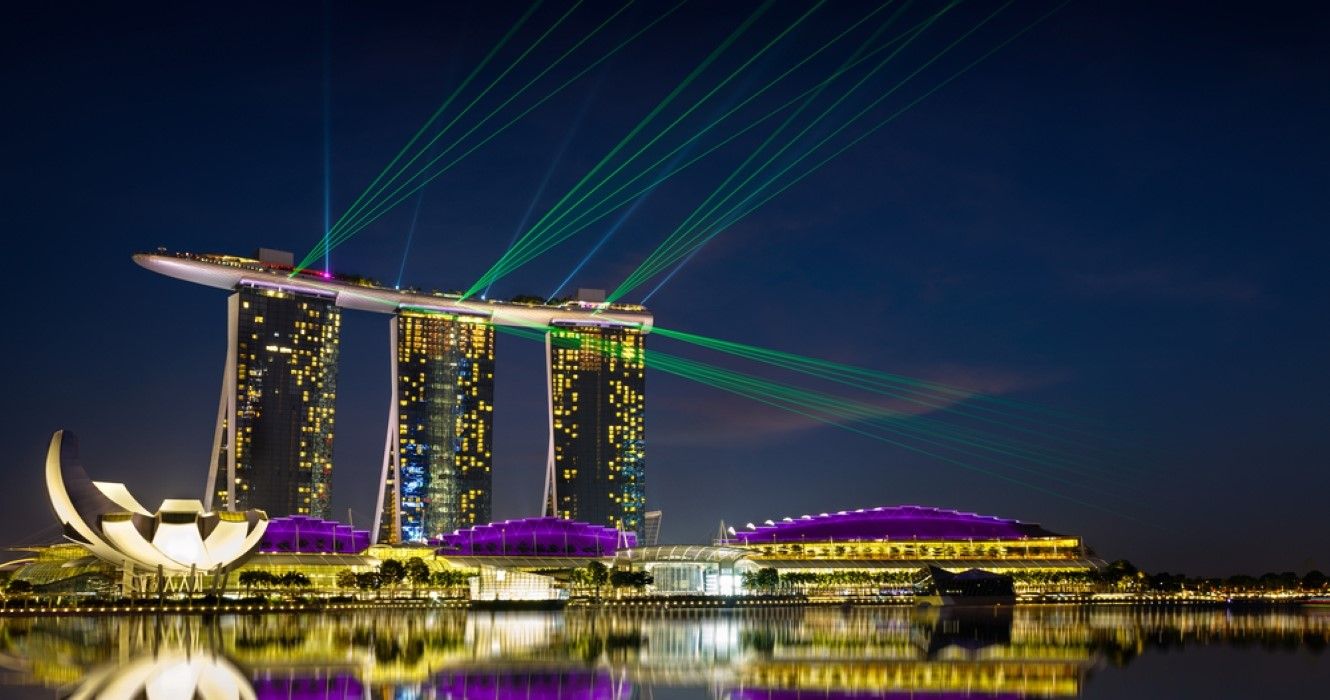Beautiful laser show at the Marina Bay Sands waterfront in Singapore