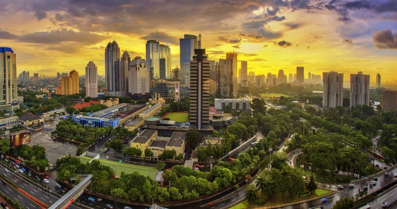 The city and cityscape of Jakarta at sunset