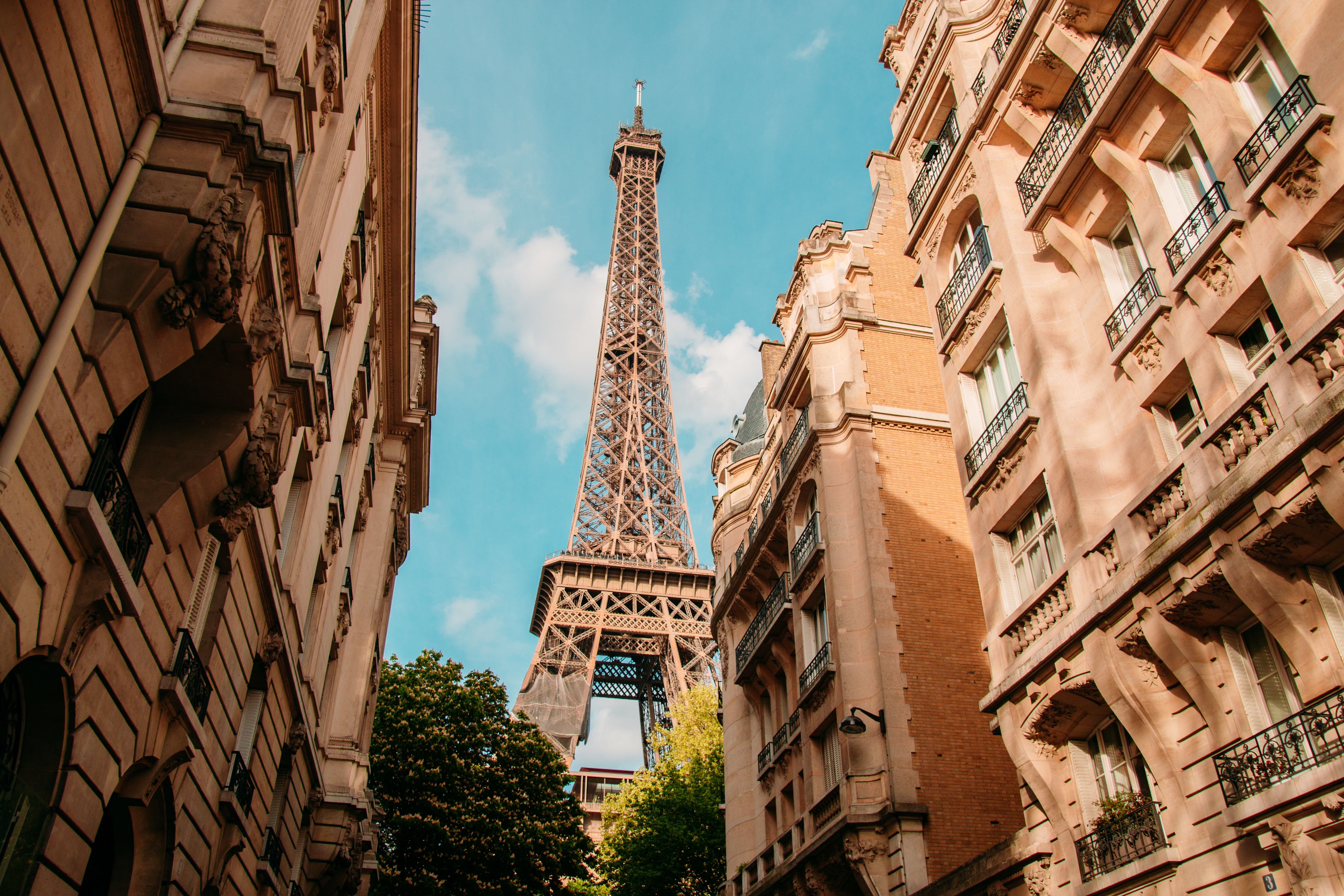 The Eiffel Tower behind beautiful Parisian buildings