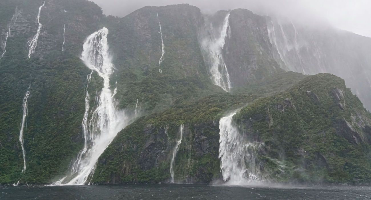Milford Sound in a torrential rain storm