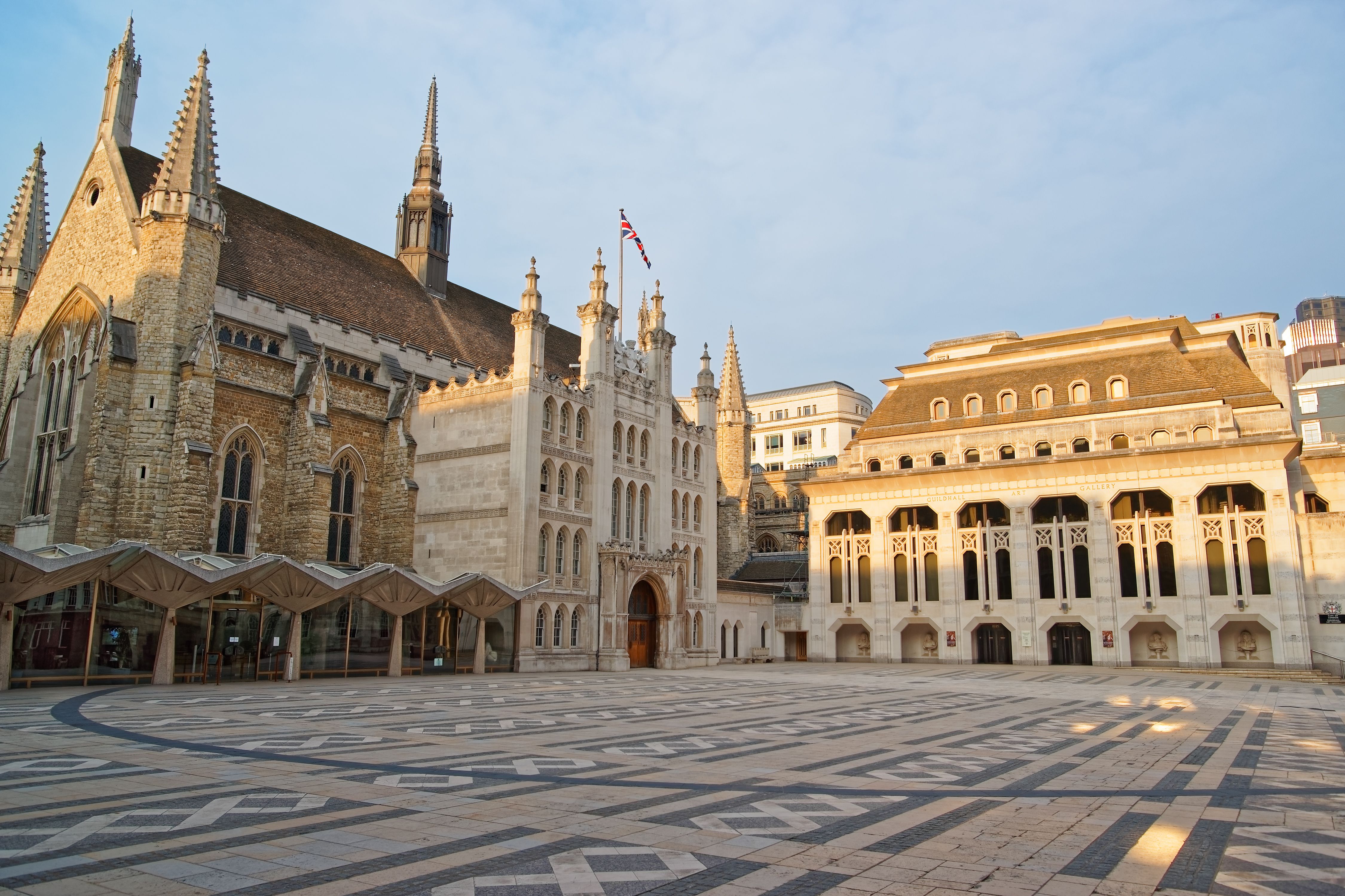 Guildhall complex with Guildhall and Guildhall Art Gallery in the city of London in the United Kingdom