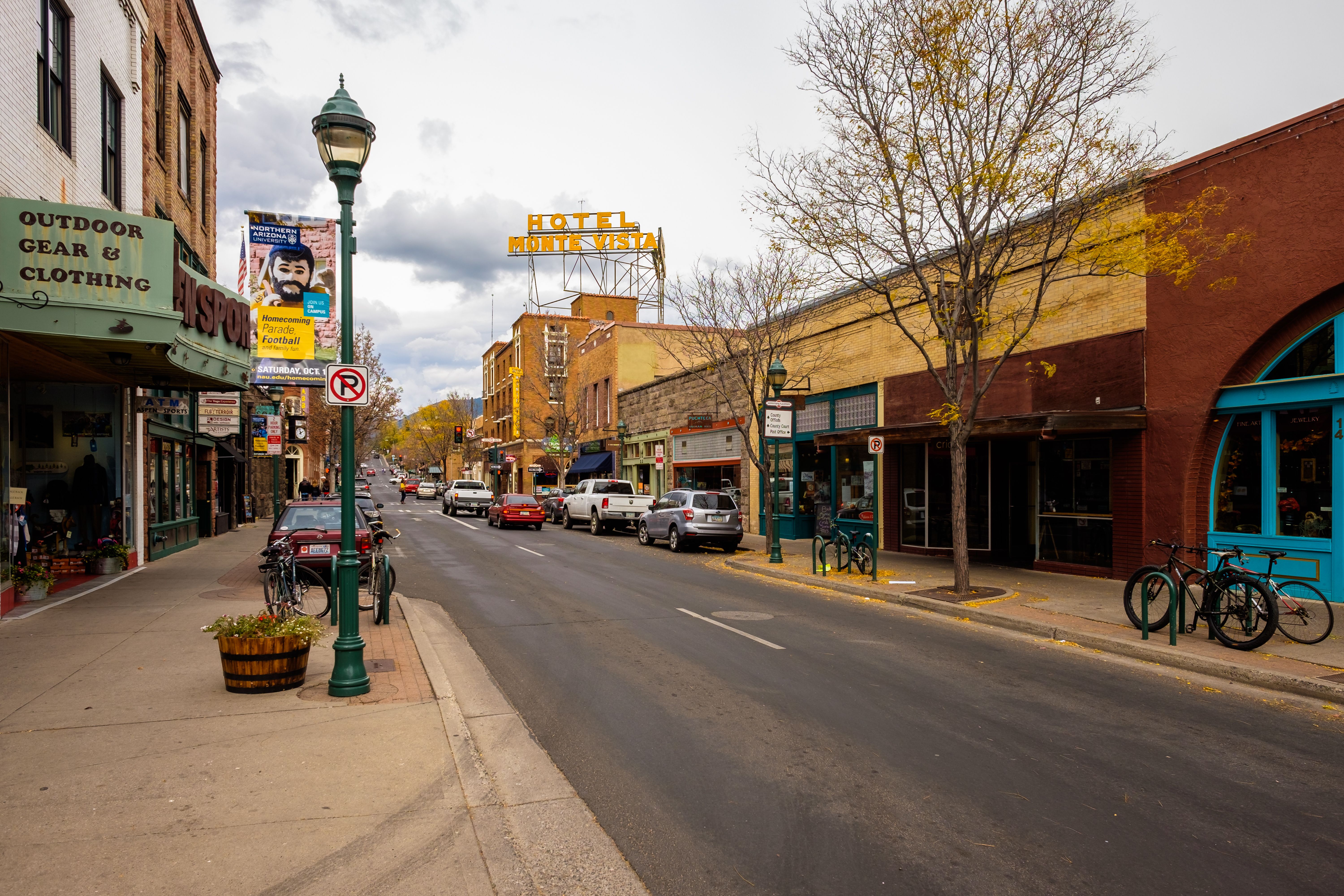 Flagstaff, AZ USA - October 24, 2016: Cityscape view of the historic downtown area with vintage architecture.