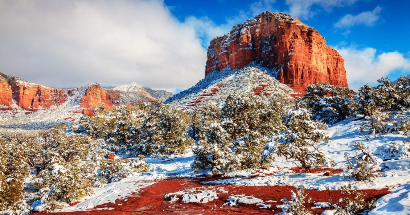 Snow in Courthouse Butte in Sedona, Arizona