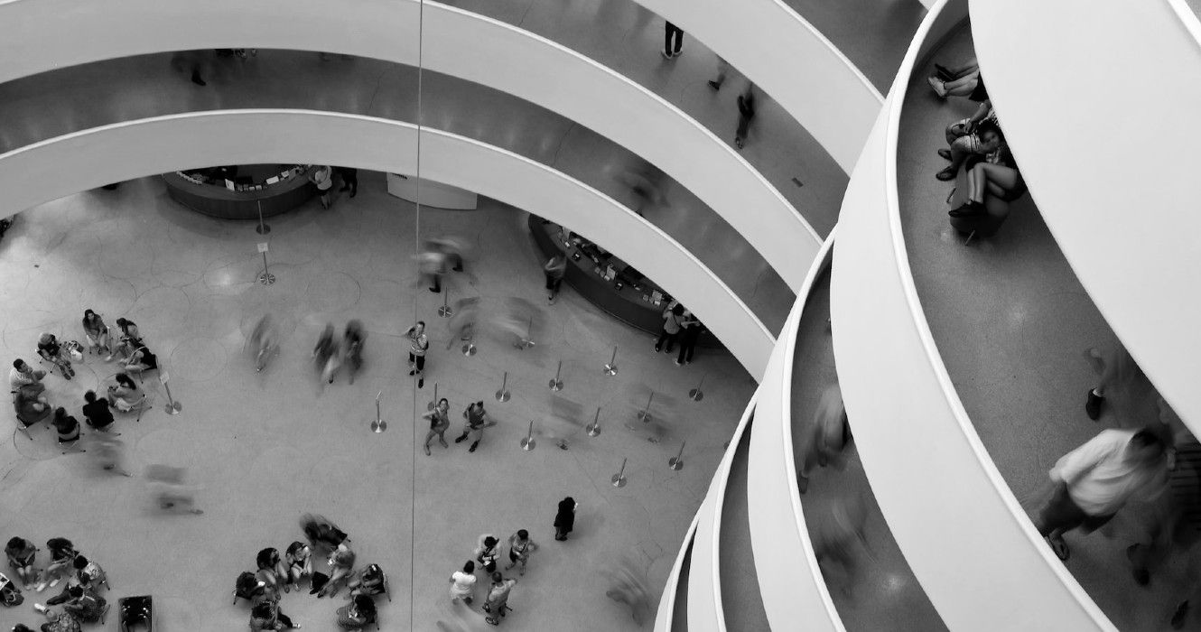 Solomon R. Guggenheim Museum, New York, United States in black and white
