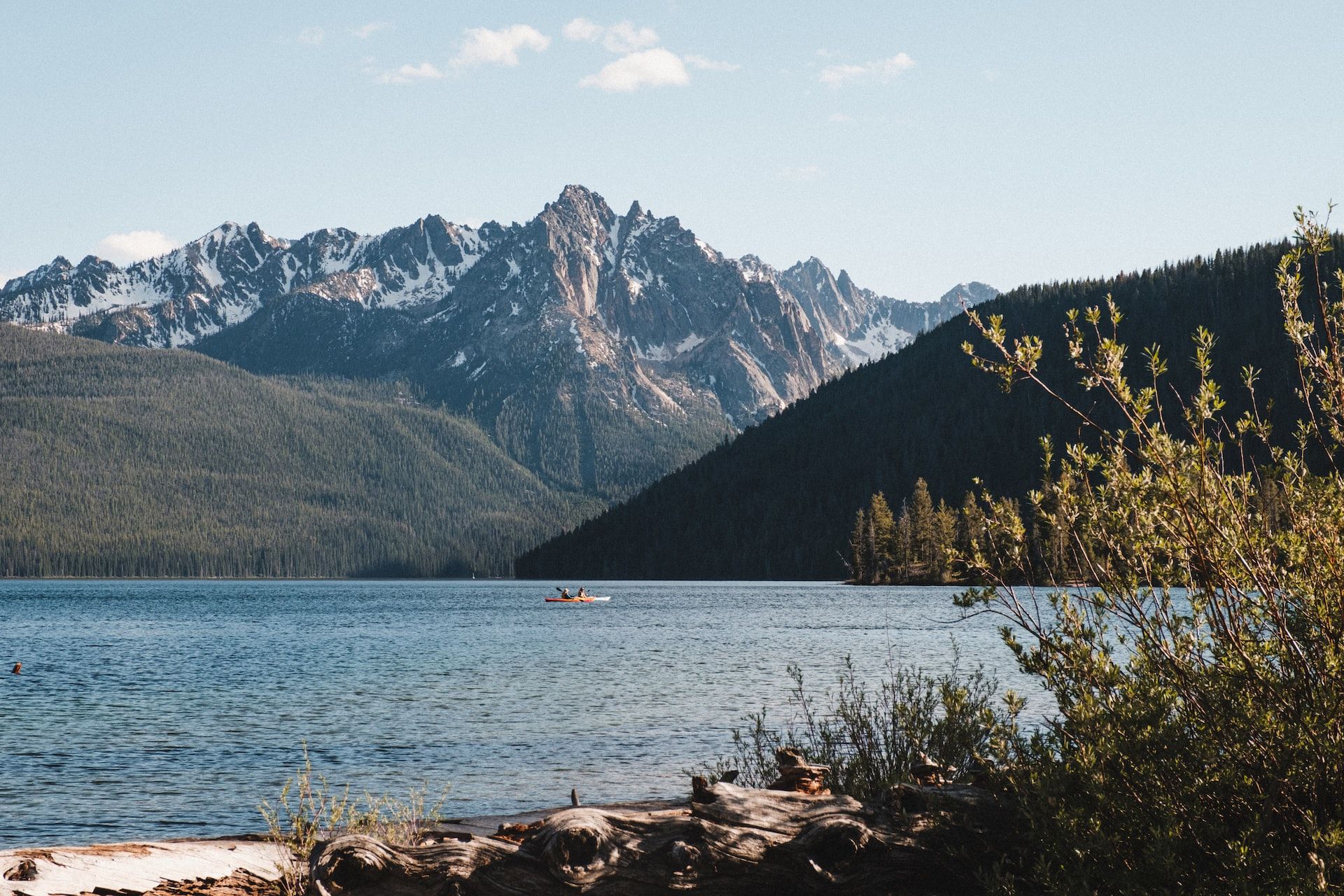 View of a kayaker on a lake in Idaho