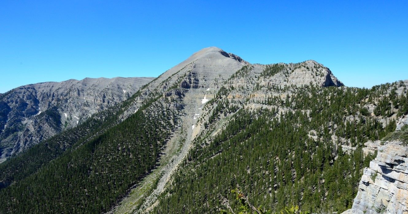 View of the summit of Mount Charleston from North Loop Trail in Spring Mountains National Recreation Area near Las Vegas, Nevada