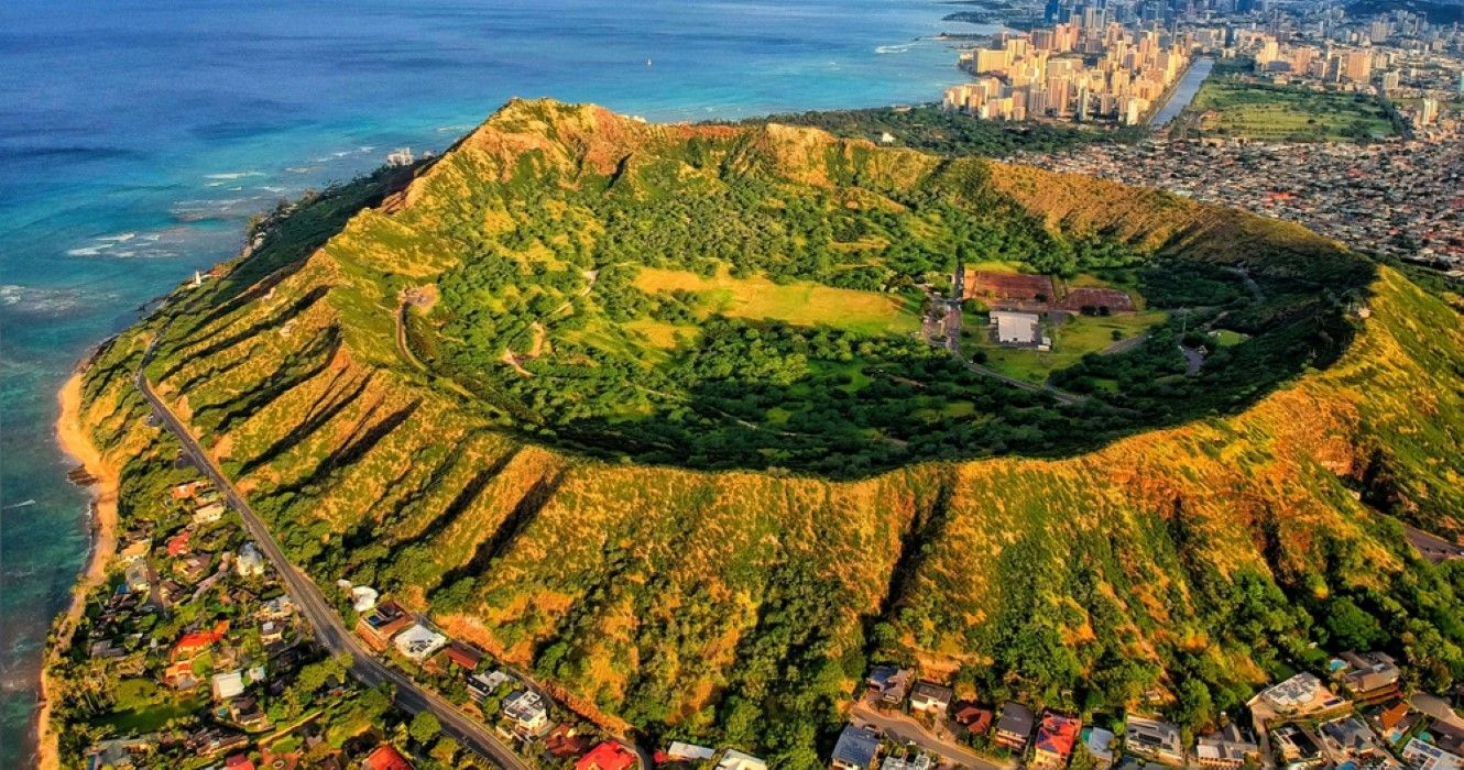 Aerial view of Diamond Head crater in Hawaii