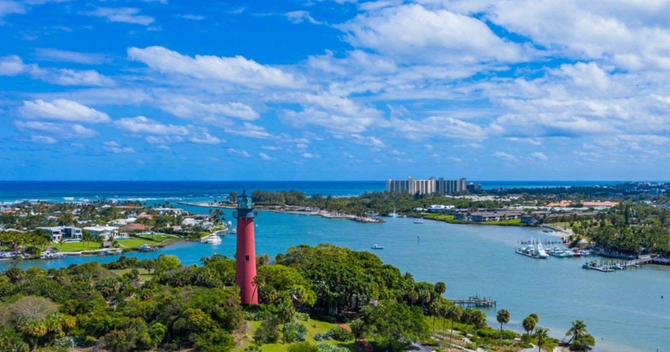 Aerial view of Jupiter Island Lighthouse in Palm Beach County, Florida