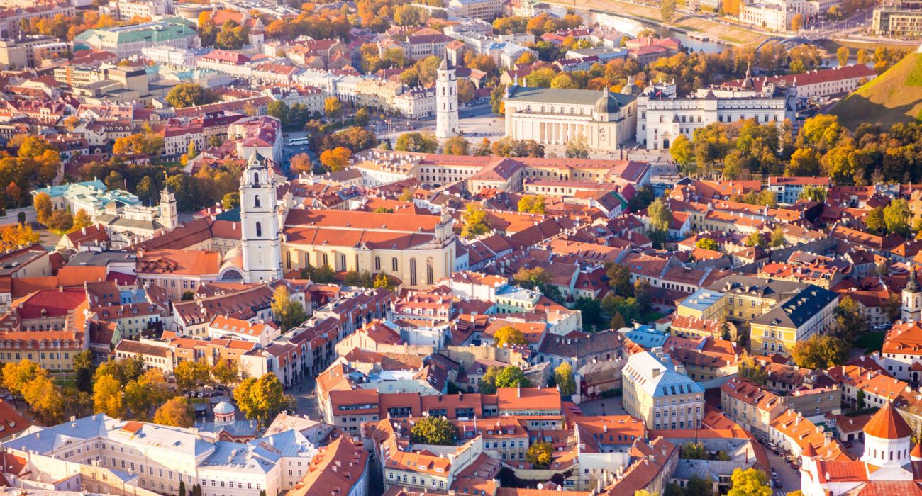 Aerial view of Vilnius, Lithuania during the fall