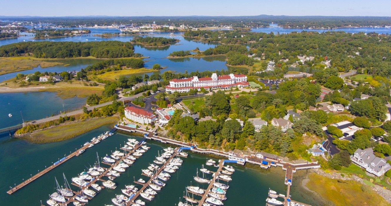 Aerial view of Wentworth by the Sea hotel, New Castle, New Hampshire