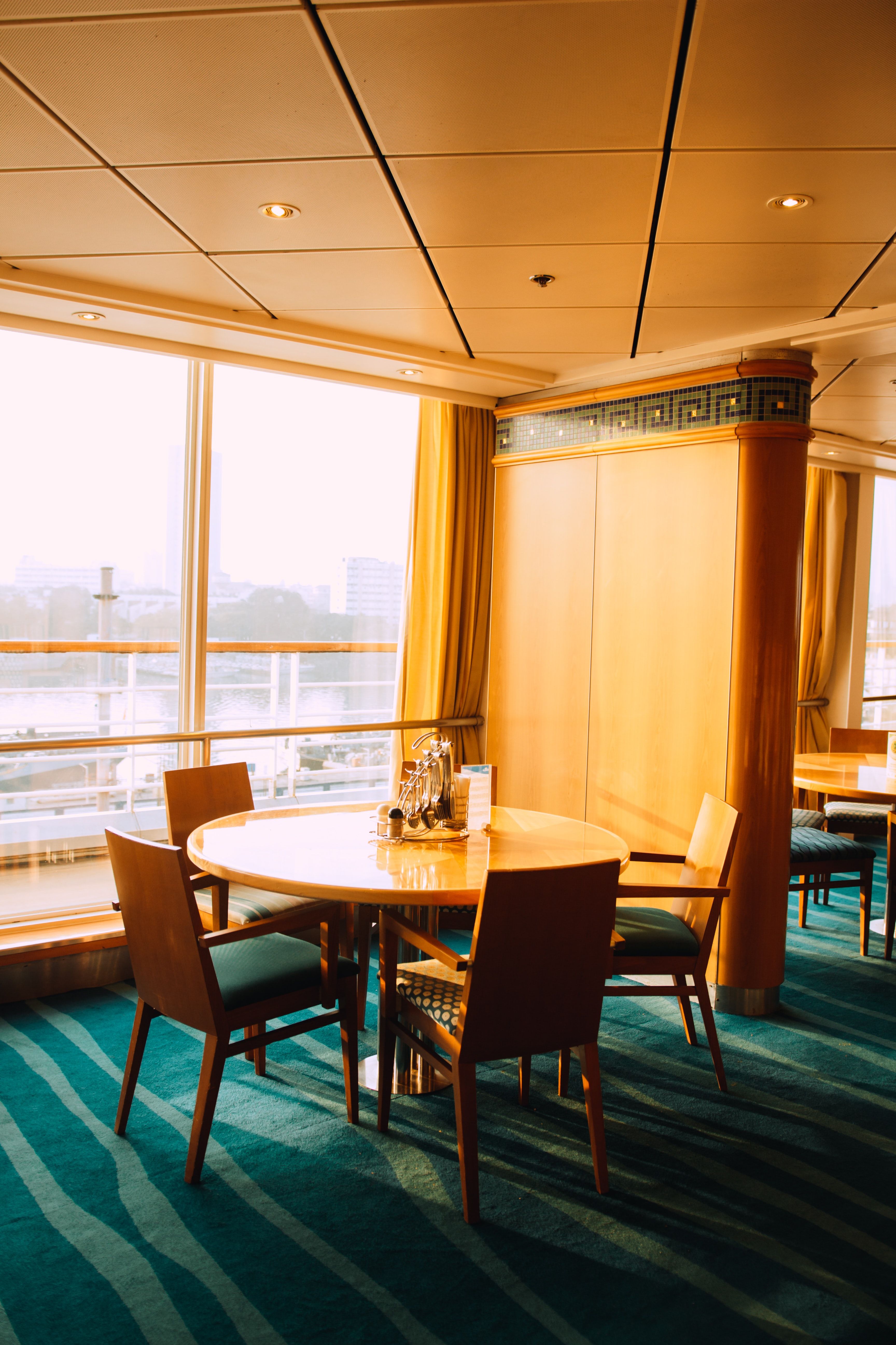 Photo of dining table in dining room on a cruise ship.