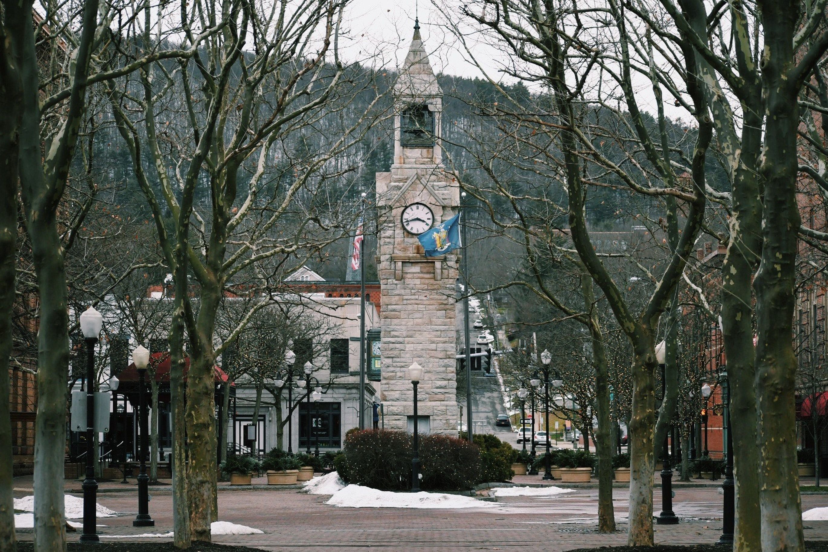 An image of the clocktower in Corning, NY during winter.