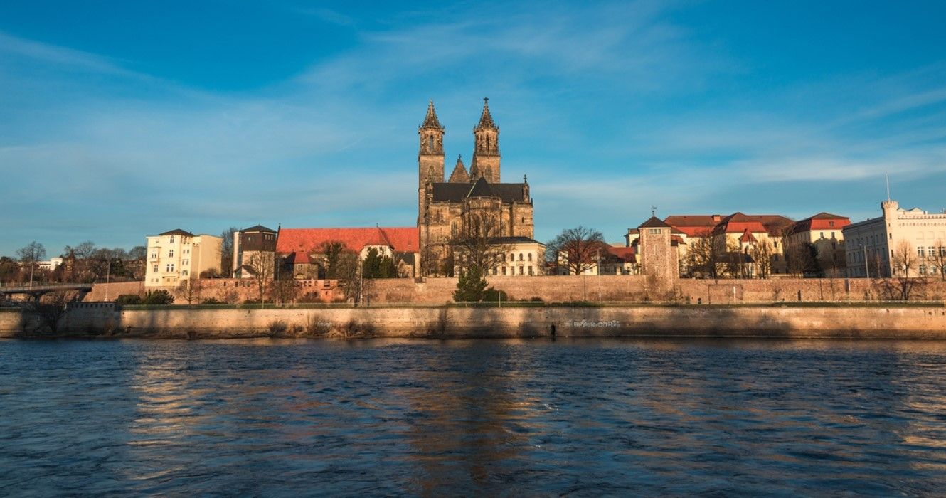 Cathedral Magdeburg view from River Elba in Magdeburg, Germany
