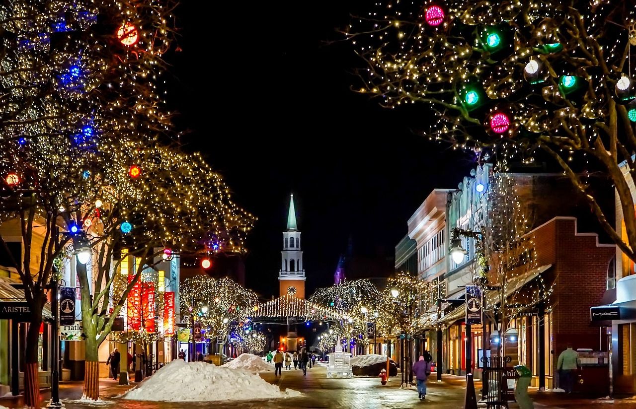 Christmas lights along Church Street in Burlington, Vermont, USA