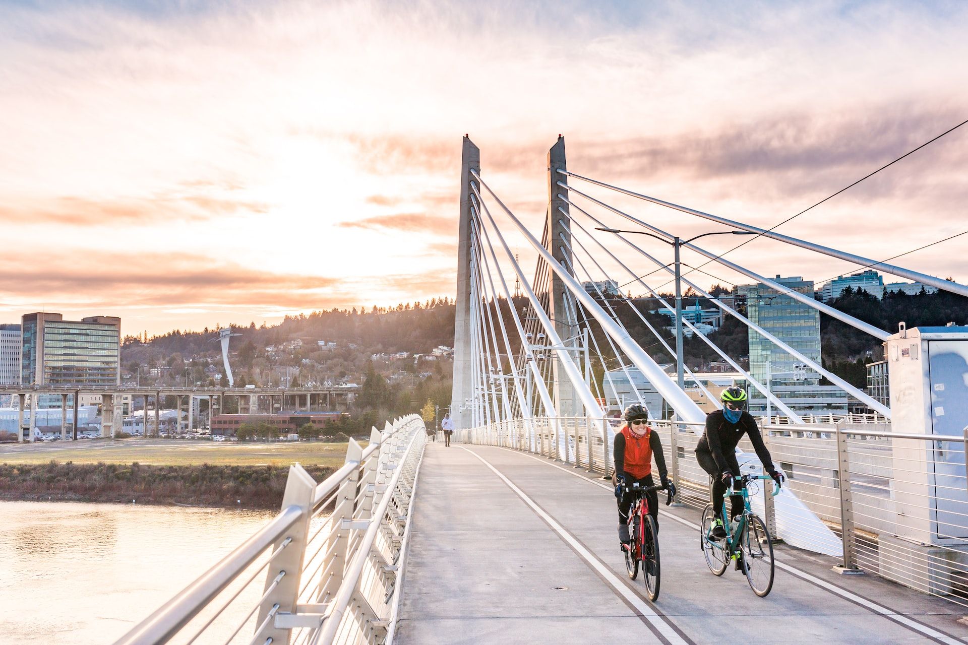 Cyclists on Tilikum bridge Portland Oregon