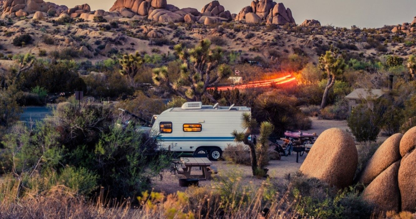 Joshua tree national park in California, campground with an RV in the image