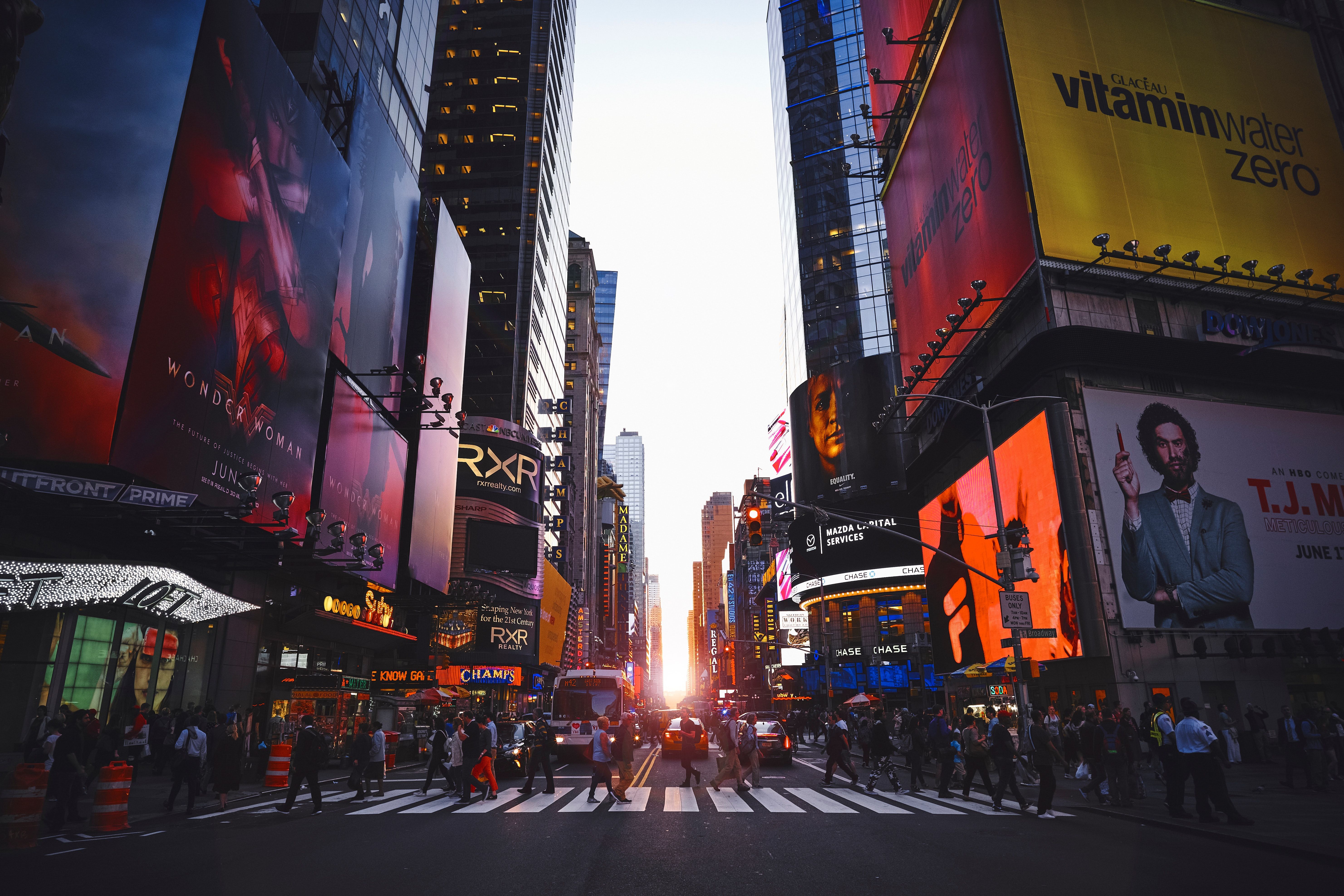 Manhattanhenge on Times Square in New York City at sunset