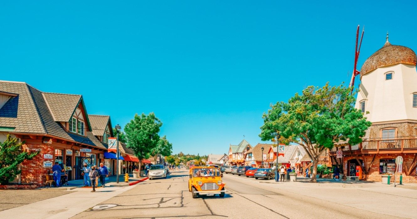 Main Street and Windmill in downtown Solvang, California