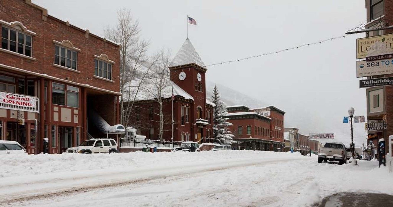 Main street in Telluride, Colorado, covered by snow