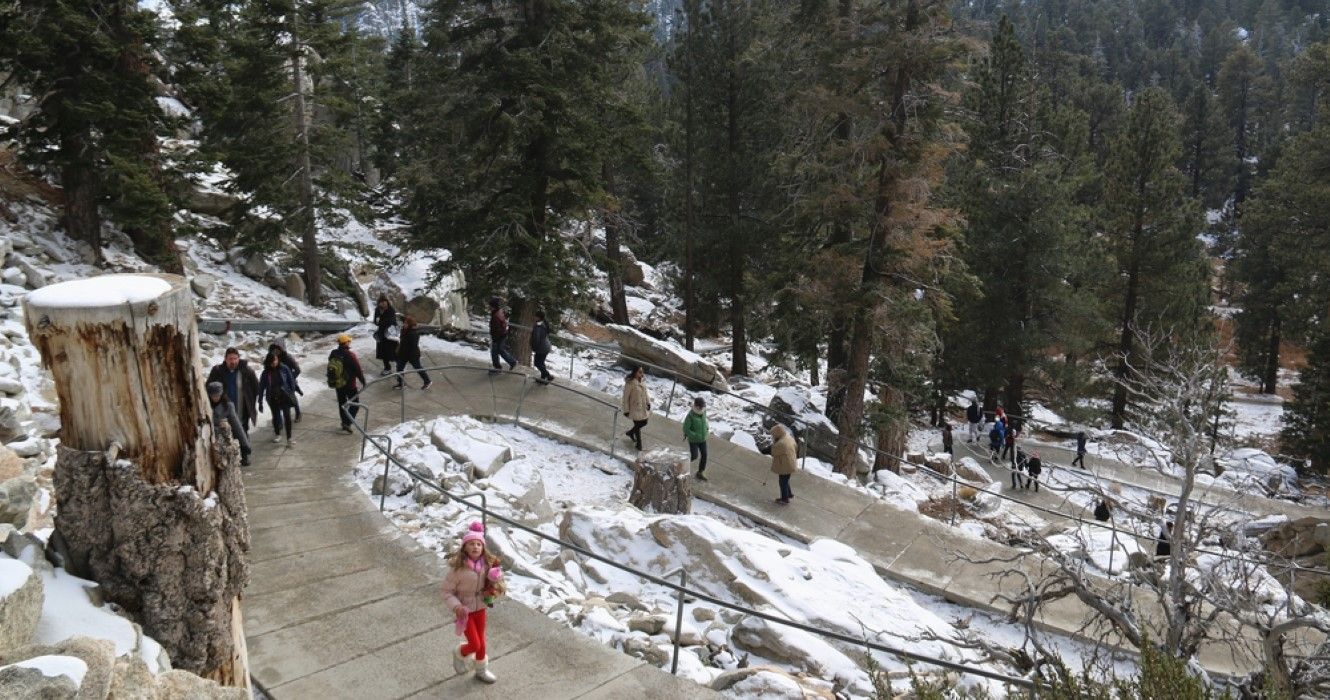 Mountain station of the Palm Springs Aerial Tramway in California during winter
