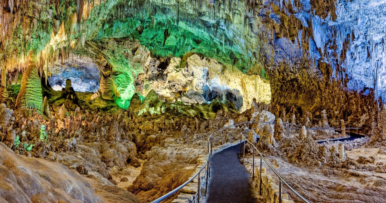 Pathway through the Big Room, showing otherworldly formations in Carlsbad Caverns, New Mexico