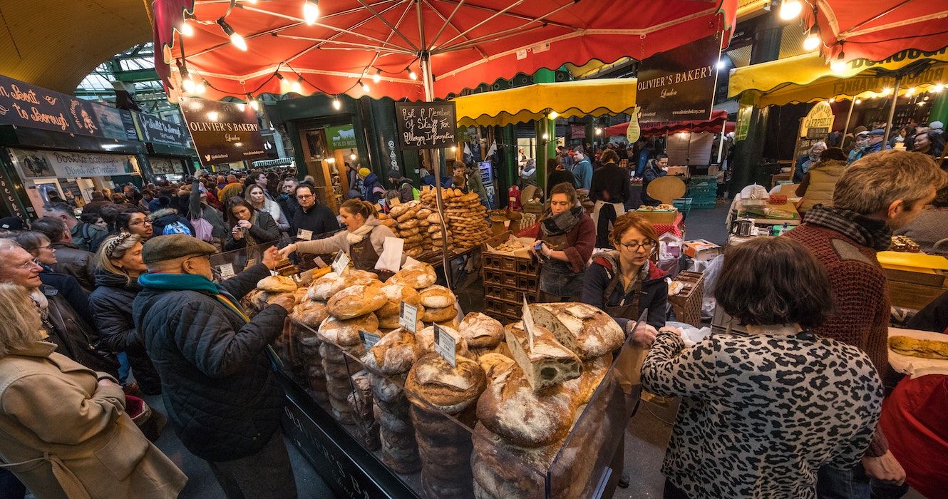 A bread stall at a market in London