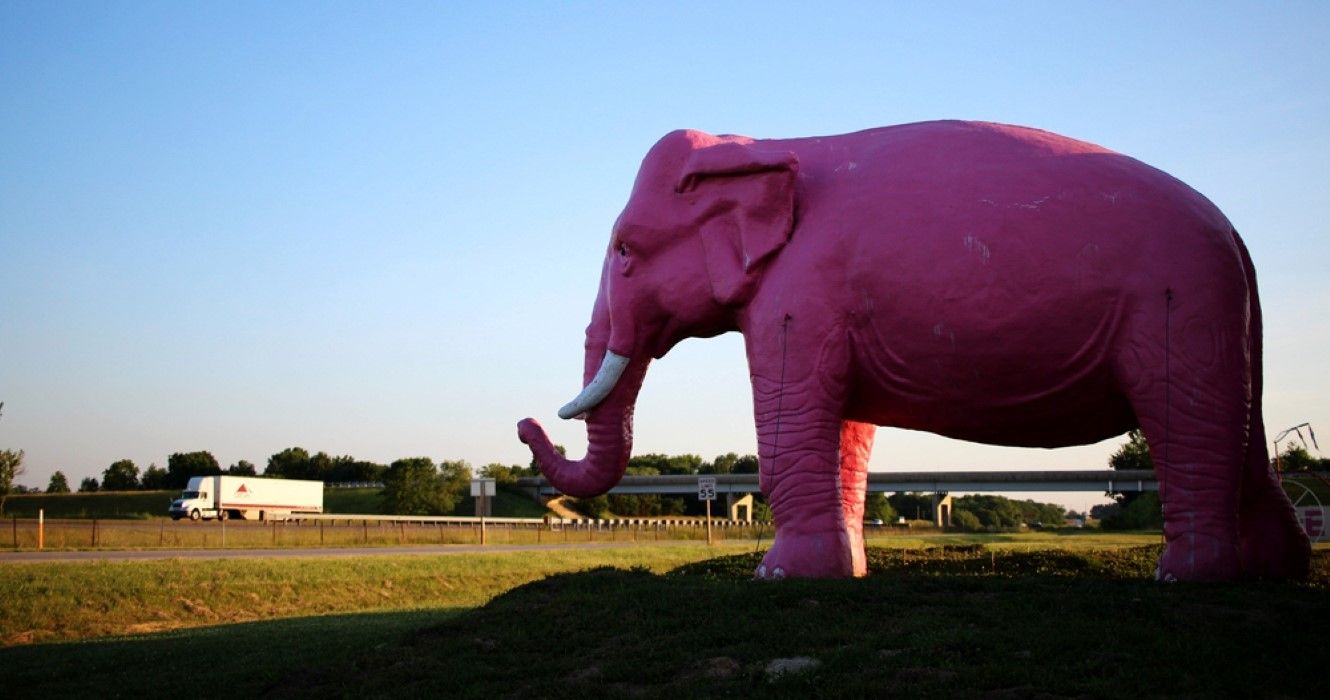 Pink elephant statue at the Pink Elephant Antique Mall in Livingston, Illinois