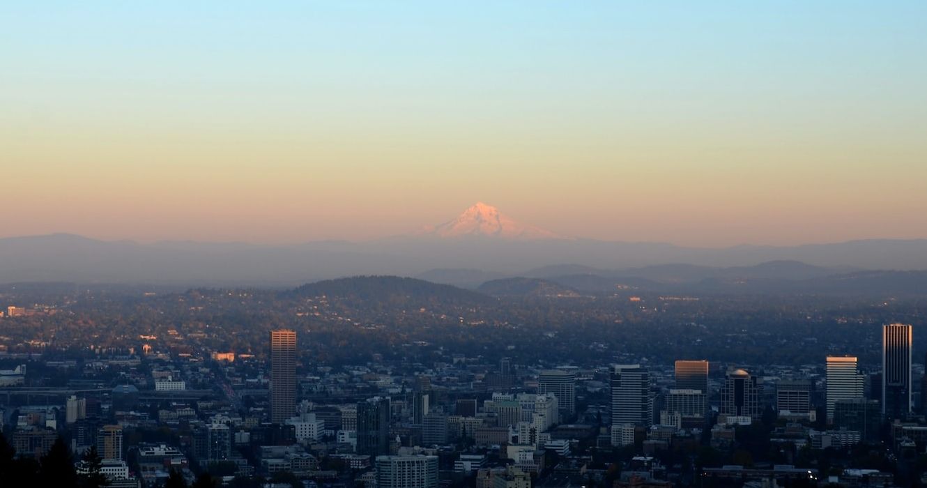 Portland, Oregon skyline with Mt Hood