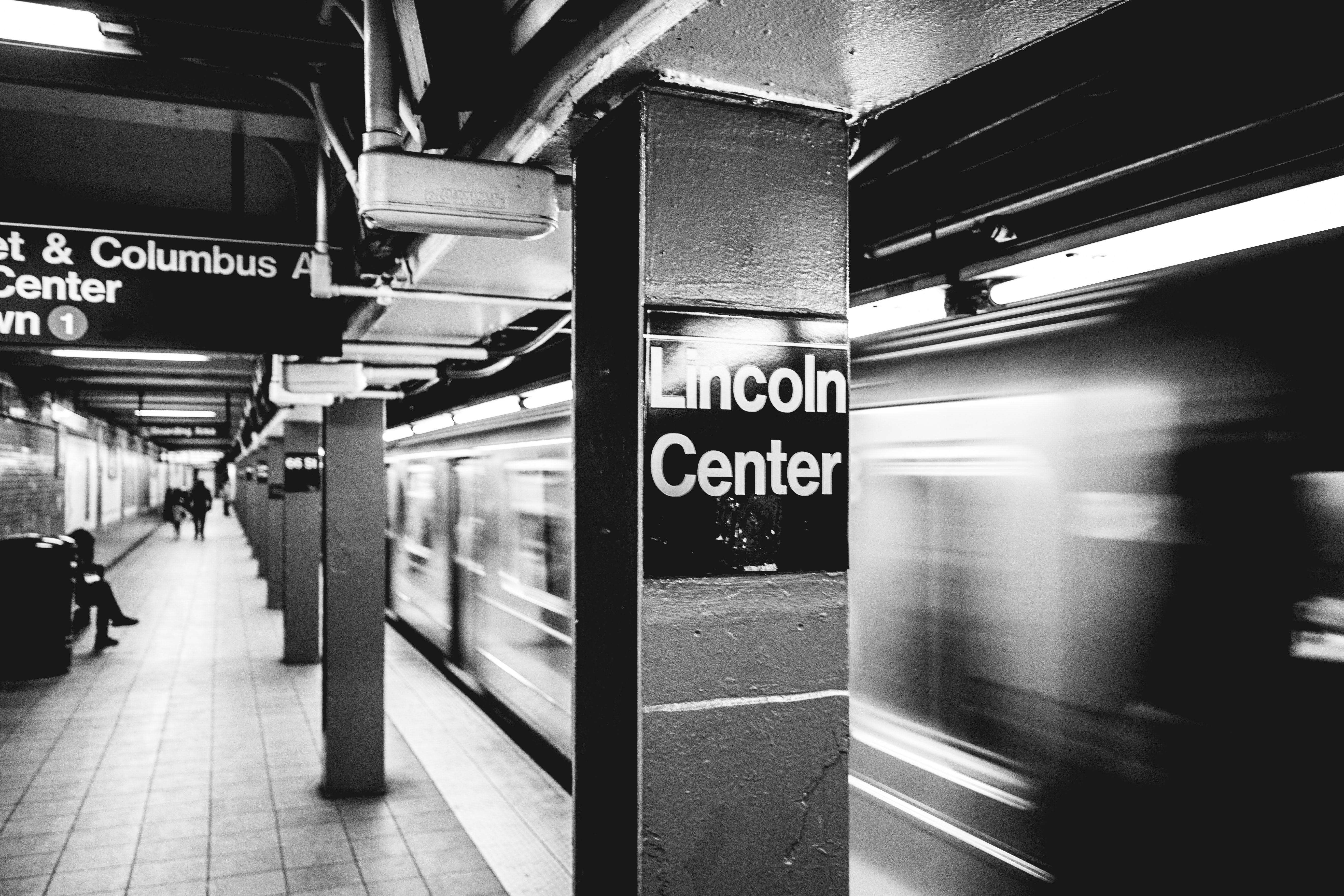 Black and white Lincoln Center subway station and train