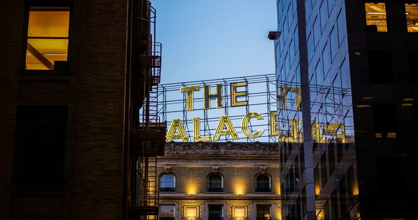 The Palace Hotel sign through the buildings of San Francisco