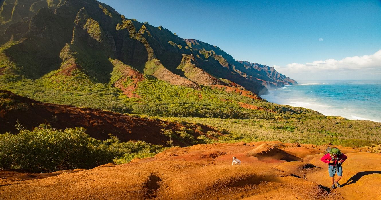 A hiker tackling the Kalalau Trail on the Napali Coast in Hawaii, United States, with the ocean and dramatic forested cliffs in the background