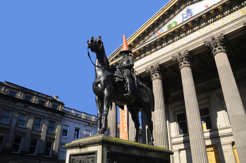 The Duke of Wellington statue in front of Glasgow's Gallery of Modern Art