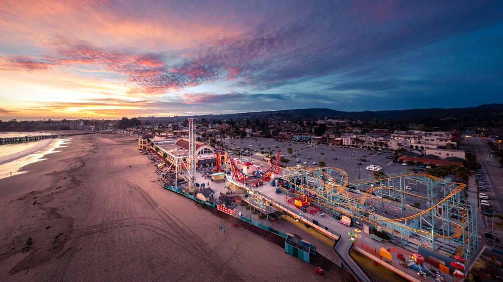 Aerial view of Santa Cruz beach and boardwalk at sunset