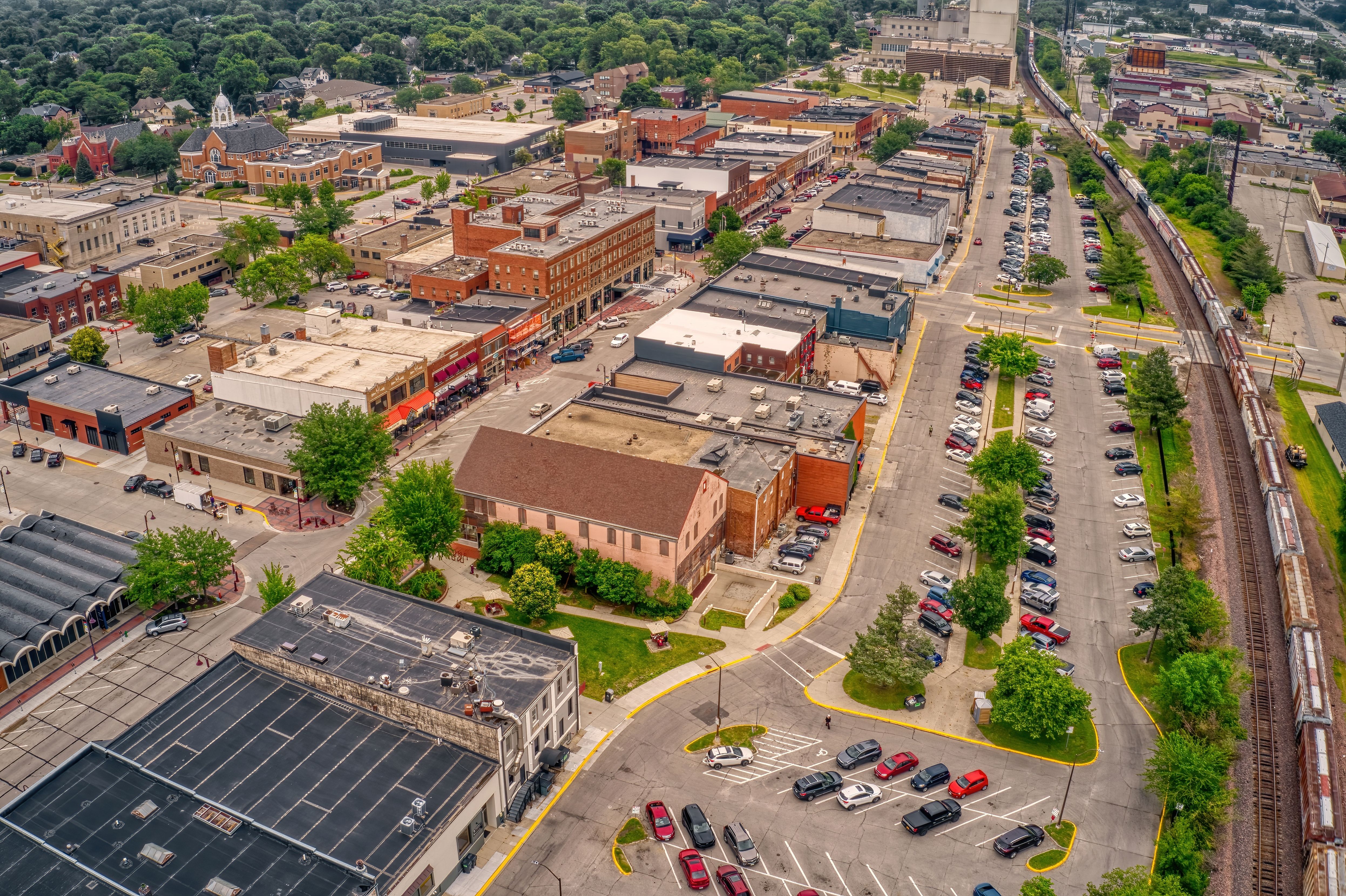 The aerial view of downtown Ames in the summer