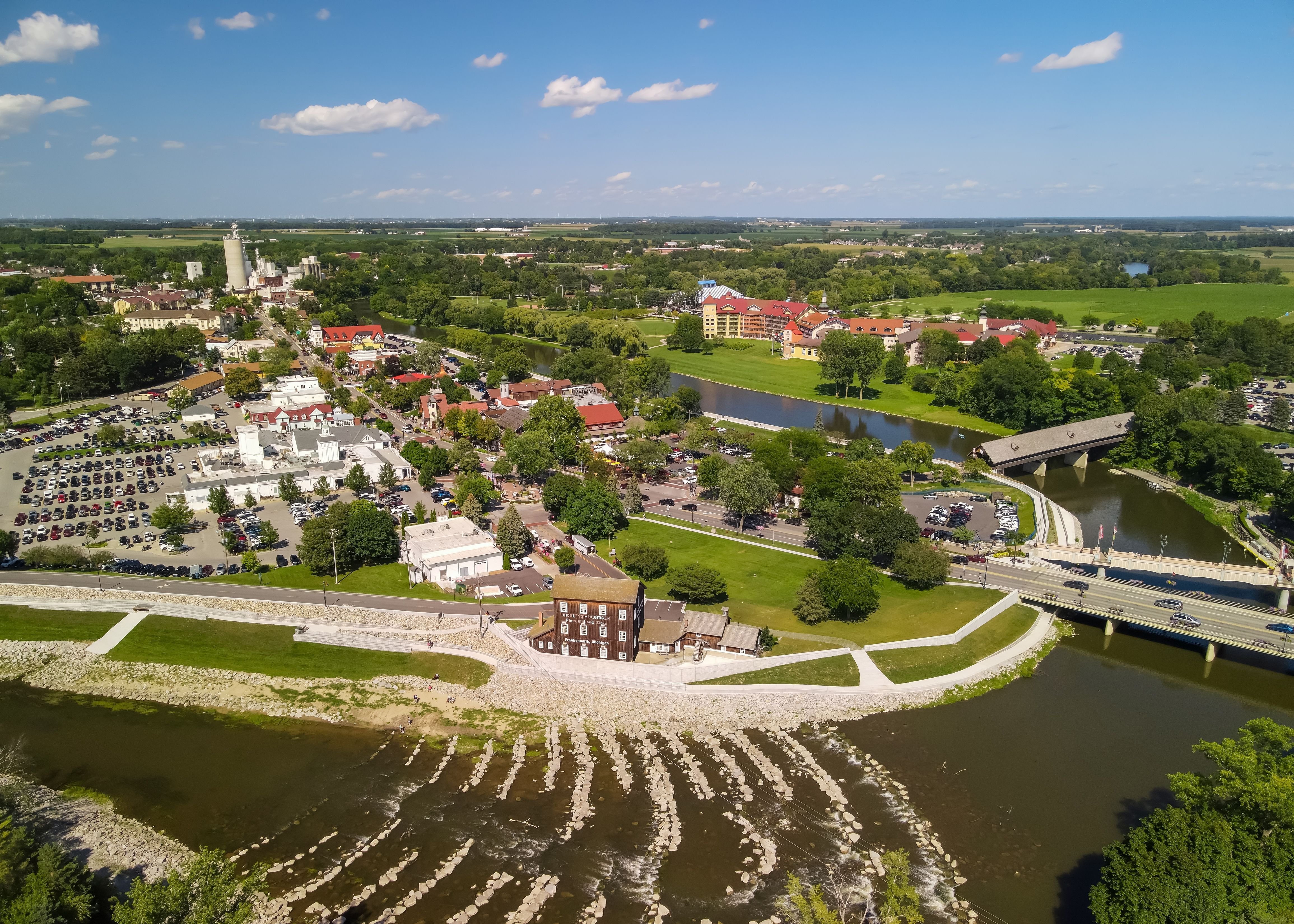 Aerial view of Frankenmuth, a city known for its Bavarian-style architecture.