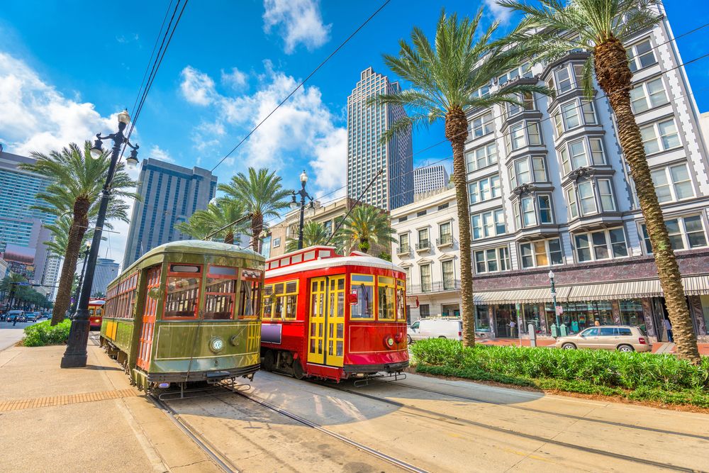 Streetcars in New Orleans on a sunny day