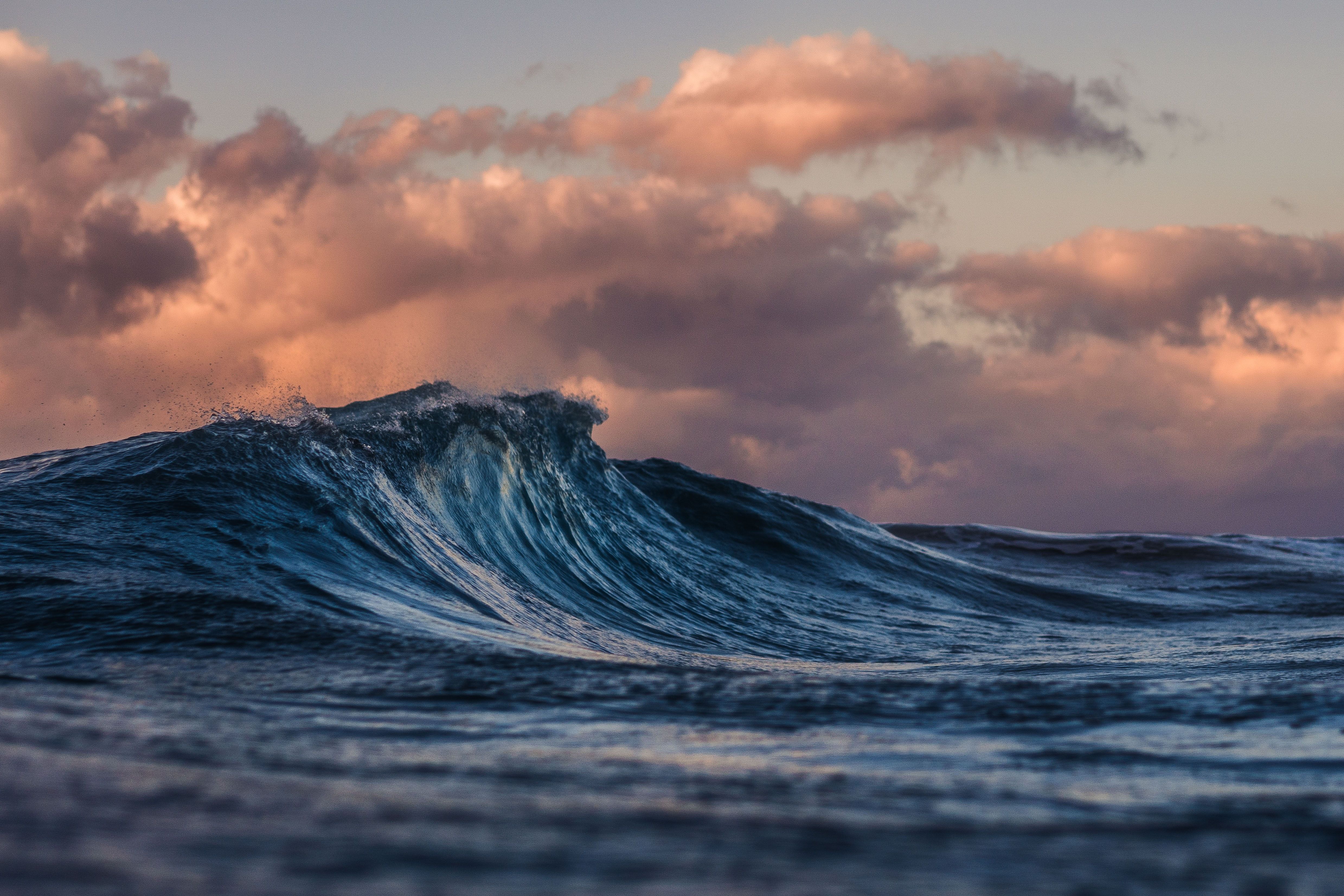 A wave curling in the ocean against a sunset sky