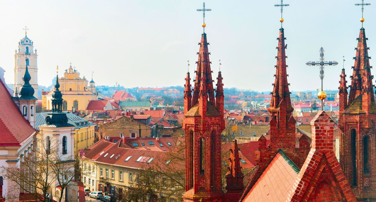 Steeples of Church of Saint Anne and cityscape in the Old city of Vilnius