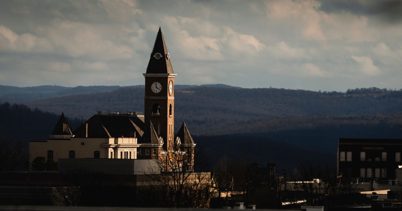 Sunset view of the old Washington County court house in downtown Fayetteville, Arkansas