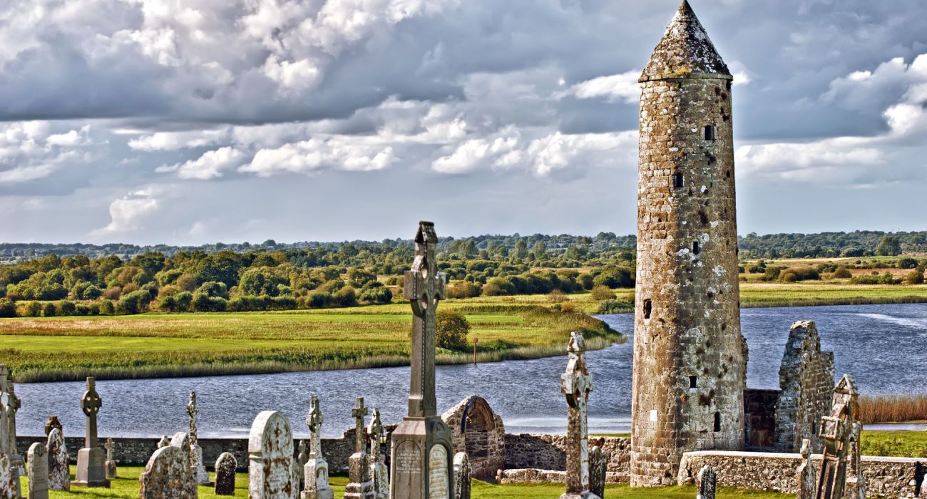 The monastery of Clonmacnoise and McCarthy's Round Tower